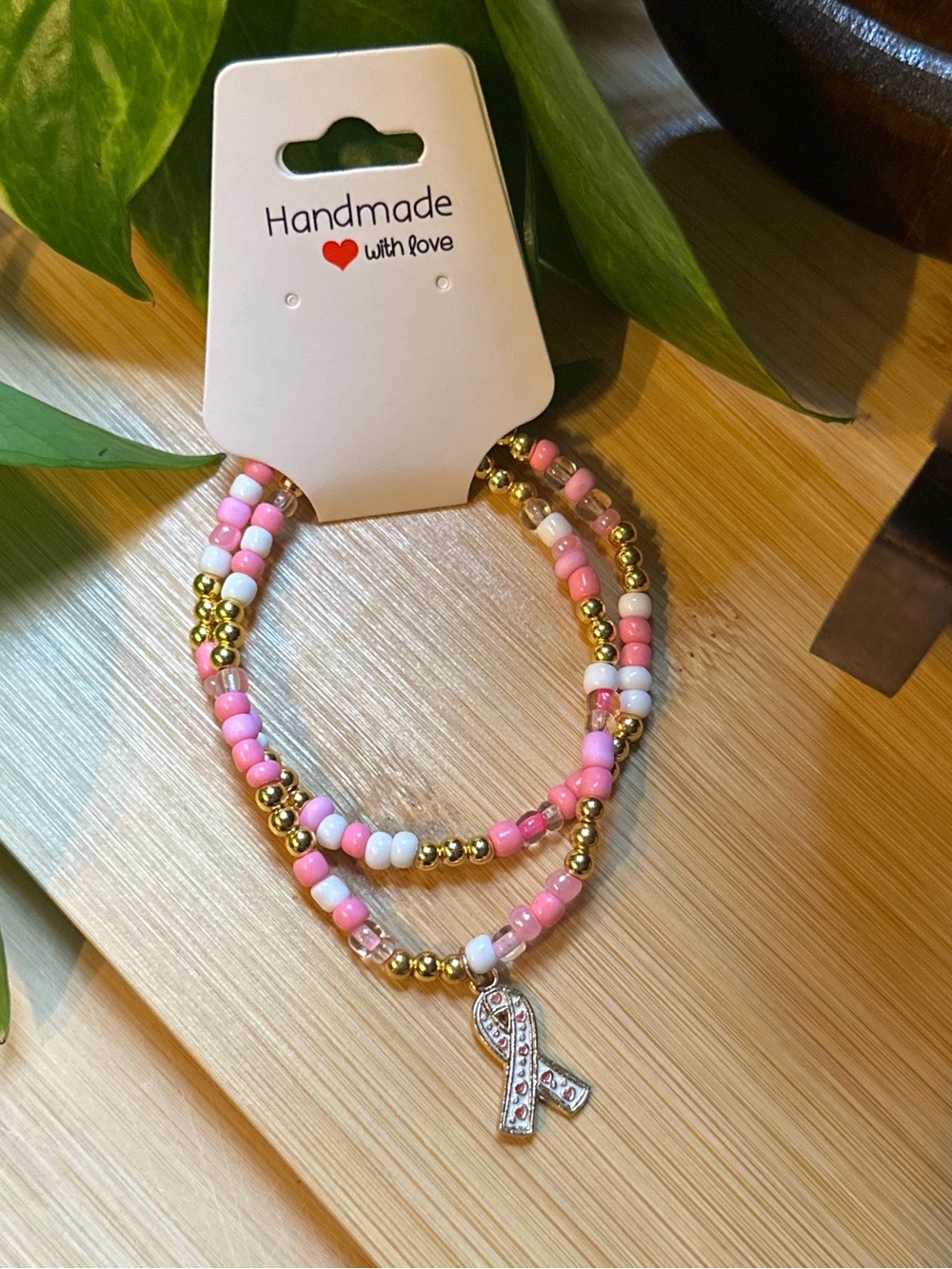 🎀Breast Cancer Awareness 2-PC Stretchy Bracelet Set | Handmade |Dangle Charm🎀